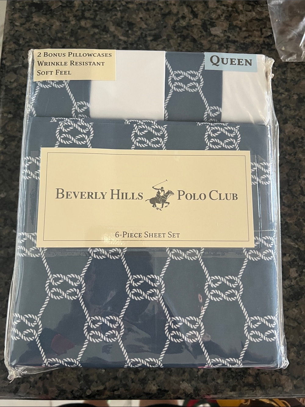 Beverly Hills Polo Club Navy and White Rope-Print Queen Sheet Set